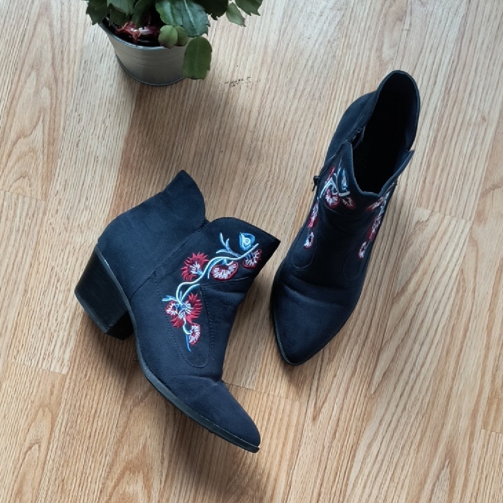 Embroidered Navy Ankle Boots
